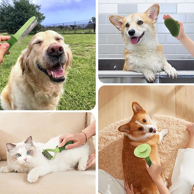 Nobleza 6PCS Dog Grooming Kit, Self-Cleaning Slicker Brush with Massage Tips, Dematting Comb for Shedding and Tangles, Ergonomic Bath Brush, Adjustable Handle, Safe for Dog Cat Puppy, Green