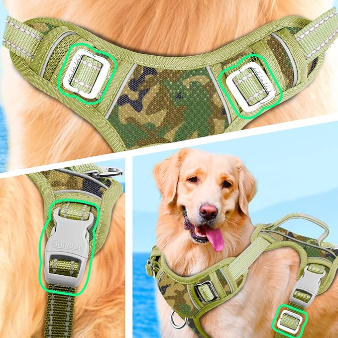 BARKBAY No Pull Dog Harness Large Reflective Dog Harness with Front Clip and Easy Control Handle for Walking Training Running with ID tag Pocket(Camo,L)