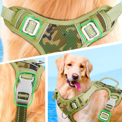 BARKBAY No Pull Dog Harness Large Reflective Dog Harness with Front Clip and Easy Control Handle for Walking Training Running with ID tag Pocket(Camo,L)