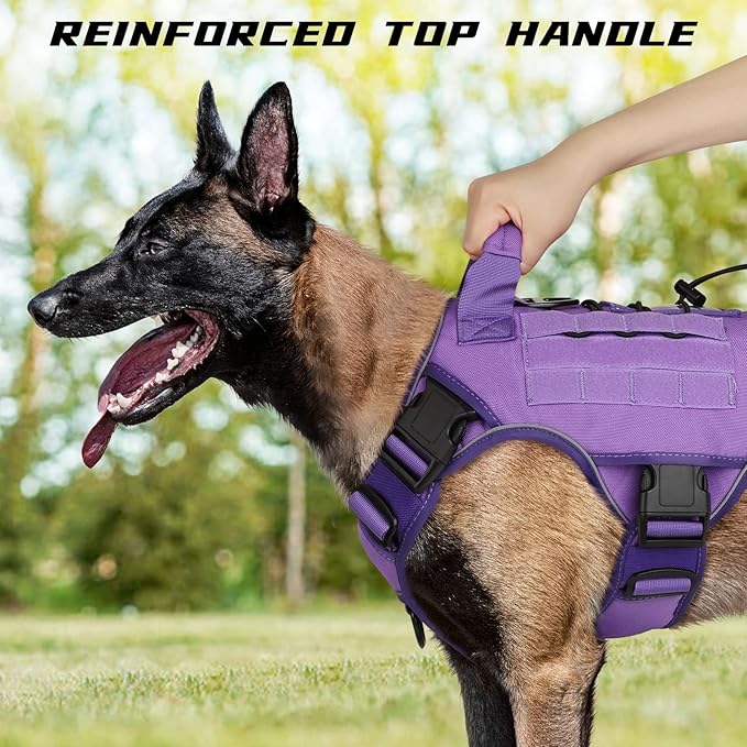 WINGOIN Purple Tactical Dog Harness for Large Dogs, Heavy Duty No Pull Dog Harness with Handle, Adjustable Reflective Military K9 German Shepherd Big Size Dog Vest for Walking, Training, Hunting (L)