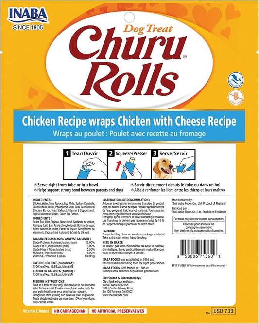 INABA Churu Rolls for Dogs, Grain-Free, Soft/Chewy Baked Chicken Wrapped Churu Filled Dog Treats, 0.42 Ounces Each Stick| 48 Stick Treats Total (8 Sticks per Pack), Chicken with Cheese Recipe