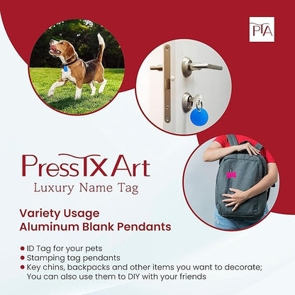 [Press TX Art] 40 Pcs Round(Circle), Bone, Rectangle, Heart Anodized Aluminum Stamping Blanks Tags 10 Mixed Colors Metal Engraving ID Name Tags with Rings (4 Types of Shapes in 10 Colors)