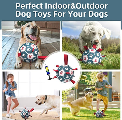 QDAN Dog Toys Extra Large Soccer Ball with Straps, Interactive Toys for Tug of War, Puppy Birthday Toy, Dog Water Toy, Dog Balls for Large Dog -Blue&Red (9 Inch)