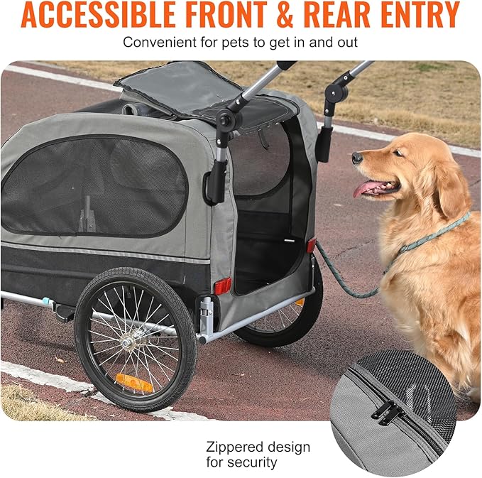 VEVOR Dog Bike Trailer, Supports up to 88 lbs, 2-in-1 Pet Stroller Cart Bicycle Carrier, Easy Folding Cart Frame with Quick Release Wheels, Universal Bicycle Coupler, Reflectors, Flag, Black/Gray