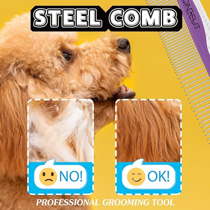 Dog Comb, OneCut Pet Grooming Tool for Removing Tangles Knots and Matted Fur, Wide and Narrow Teeth Comb Design for Dogs and Cats (Purple)
