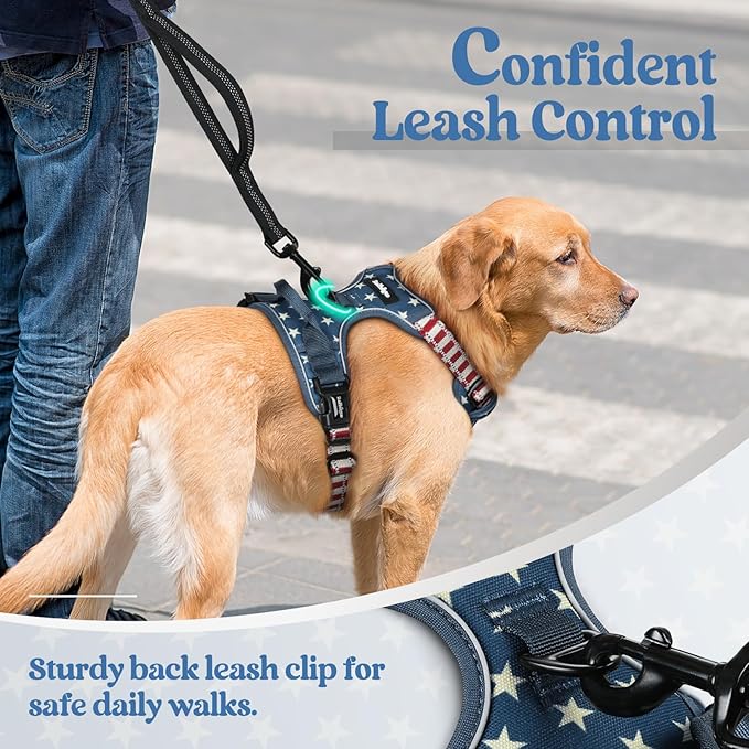 rabbitgoo Dog Harness No Pull with 2 Leash Clips, Adjustable Soft Padded, Reflective Oxford No Choke Pet Vest with Easy Control Handle for Large Dogs, Blue Star, L