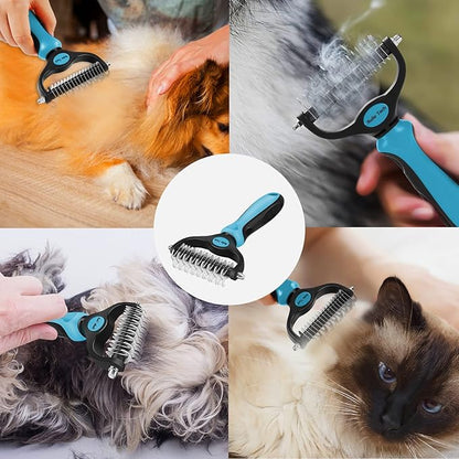 Pet Grooming Brush, Dematting Undercoat Rake Comb, Double Sided Shedding, to Remove Mats, Knots and Tangles Gently (Blue)
