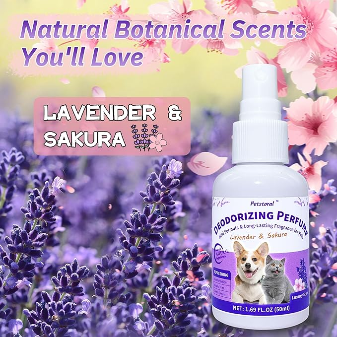 Deodorizing Perfume Spray for Pets, luxury Scent, Long-Lasting Fragrance (1.69 Fl Oz, Lavender & Sakaru)