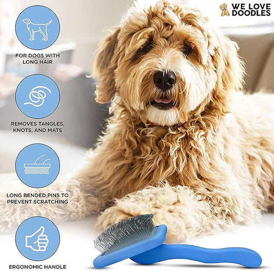 Slicker Brush for Dogs, Grooming Supplies - Best Doodle & Poodle Comb for Long Haired Dogs - Goldendoodle Long Pin Dentangler For Dematting (Large) (Large Slicker & Cleaner)