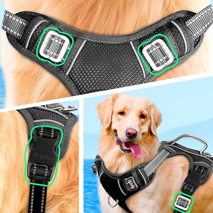 BARKBAY No Pull Dog Harness Large Reflective Dog Harness with Front Clip and Easy Control Handle for Walking Training Running with ID tag Pocket(Black,M)