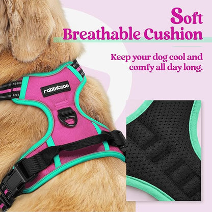 rabbitgoo Dog Harness No Pull with 2 Leash Clips, Adjustable Soft Padded, Reflective Oxford No Choke Pet Vest with Easy Control Handle for Large Dogs, Hot Pink & Turquoise, M