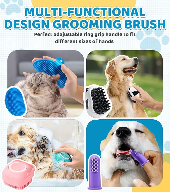 Dog Bath brush Pet Shampoo Brush with Adjustable Ring Handle Soft Massage Dispenser Panda Shape Brush for Short Long Haired Dogs Cats Showering(Pink)