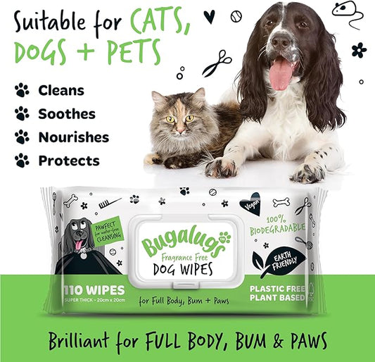 Dog Wipes, 100% Plastic Free Biodegradable pet Wipes for Full Body, Eye Wipes, Ear Wipes, Bum & Paws. 110 Sensitive Dog Grooming Wipes for Dogs, Puppy & cat Grooming (Fragrance Free)