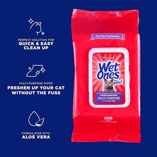 Wet Ones for Pets Freshening Multipurpose Wipes for Cats With Aloe Vera |Easy to Use Cat Cleaning Wipes, Freshening Cat Grooming Wipes for Pet Grooming in Fresh Scent|100 ct Pouch Cat Wipes|12-Pack