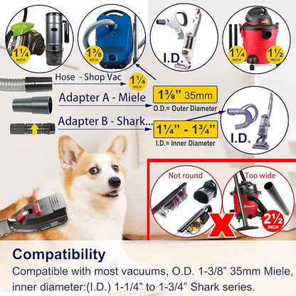 Upgrade Dog Hair Vacuum Attachment for Most Vacuum Cleaners, Pet Shedding Grooming Brush Tool Kit as Undercoat Deshedding Groomer with Long Extension Hose Adapters (Universal 1-1/4" to 1-3/4")