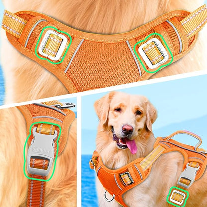 BARKBAY No Pull Dog Harness Large Reflective Dog Harness with Front Clip and Easy Control Handle for Walking Training Running with ID tag Pocket(Orange,XL)
