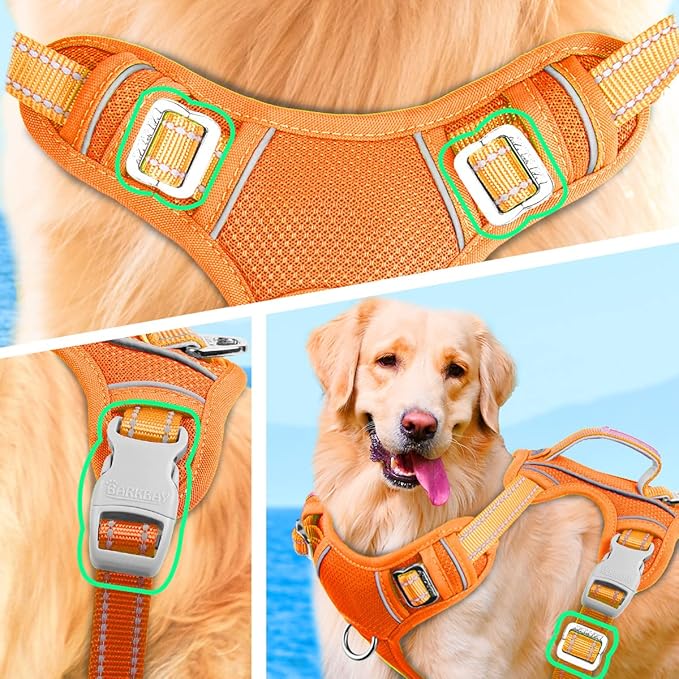 BARKBAY No Pull Dog Harness Large Reflective Dog Harness with Front Clip and Easy Control Handle for Walking Training Running with ID tag Pocket(Orange,M)