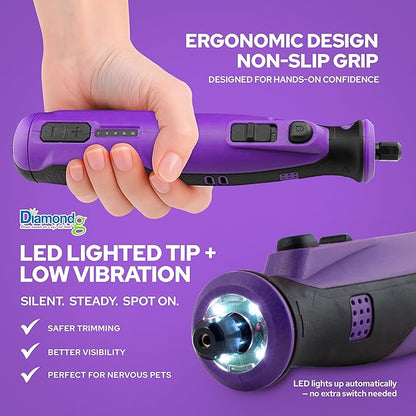 Diamondg Cordless Dog Nail Grinder with Quiet Sound & LED Tip for Large & Small Dogs, 4hrs. Runtime - Electric Dog Nail Trimmer, Heavy Duty Rotary Tool Alternative to Toenail Clippers & Filers