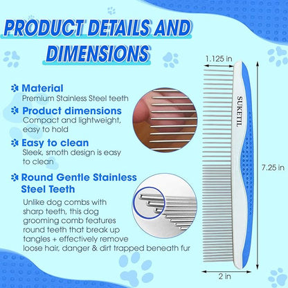 Dog Comb Stainless Steel Teeth, Dog combs for grooming matting, Dematting Comb for Dogs and Cat Removes Tangles & Knots (Blue)
