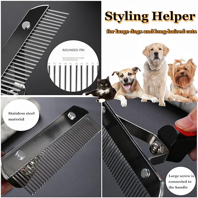 Long Tooth Undercoat Rake, Deshedding Tool Set - Pet Grooming Brushes for Middle to Large Dogs, Cats, Horses - Dematting Comb for German Shepherds, Huskies, Long-Haired Breeds