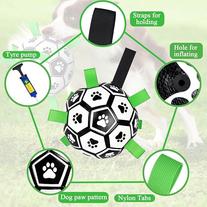 Amasiver Dog Soccer Ball Toys with Straps - 8 inch Large Herding Ball for Dogs, Interactive Dog Toys for Tug of War, Tug Toy Birthday Gifts, Water Toy, World Cup Sturdy Dog Balls for Medium Large