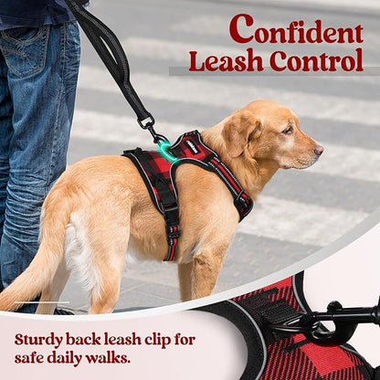 rabbitgoo Dog Harness No Pull with 2 Leash Clips, Adjustable Soft Padded, Reflective Oxford No Choke Pet Vest with Easy Control Handle for Large Dogs, Red Plaid, XL