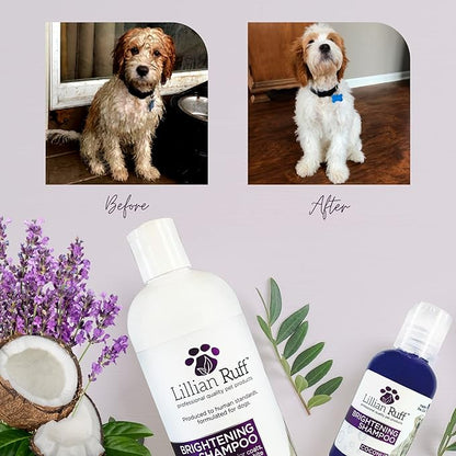 Lillian Ruff Ultra-Brightening Professional Dog Whitening Shampoo & Leave-in Dog Conditioner Detangler Spray Set - pH-Balanced, No Rinse Hydrating Conditioning Spray