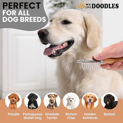 Dog Dematting Brush & Rake, Detangler Brush For Dogs, Comb Tool For Grooming, Best For Doodles, Poodles, Goldendoodles, Cats & Other Pets, Matted Fur Removal On Undercoat [We Love Doodles] (Small)
