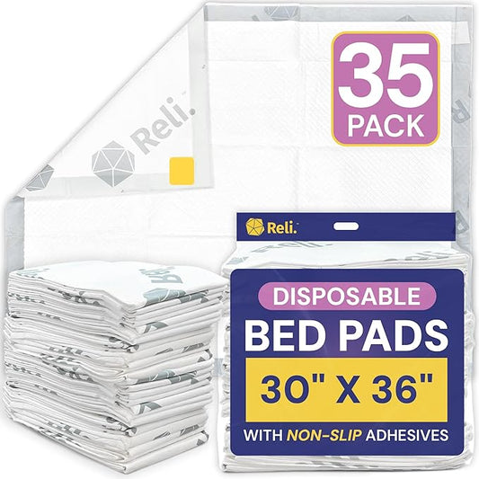 Reli. Disposable Bed Pads (35 Pack) | 30" x 36" | XL Bed Pads Disposable Adult Incontinence Sheets w/ Non-Slip Adhesives | Absorbent Peepads for Adults, Seniors, Puppy