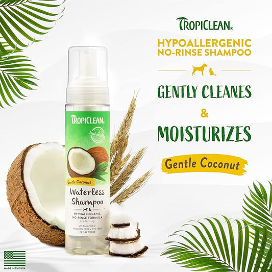 TropiClean Hypoallergenic Waterless Dog Shampoo | Dry Shampoo for Allergies & Sensitive Skin | Safe for Cats | Puppies & Kittens | No Rinse | 7.4oz