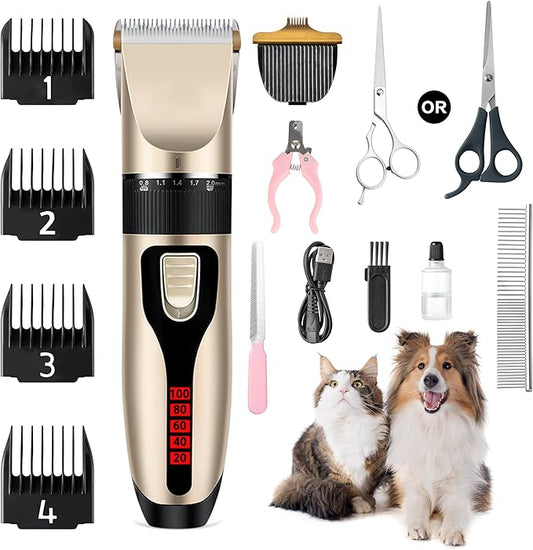 Dog Grooming Kit & Paw Trimmer-Low Noise Electric Quiet Clippers Set, Rechargeable Cordless Pet Hair Clippers for Thick Coats with Scissors & Trimmer -Professional Grooming Tools for Dogs, Cats, Pets