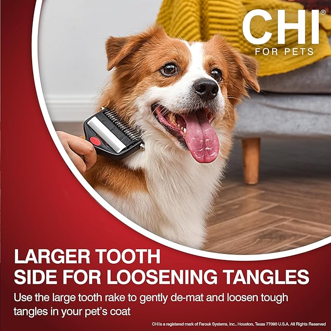 CHI for Dogs 2-in-1 Dematting Deshedding Rake, Flip-Out Fine Rake for Deshedding and Smoothing, Large Rake for Dematting Dogs; Dog Grooming Tool for Mats and Knots