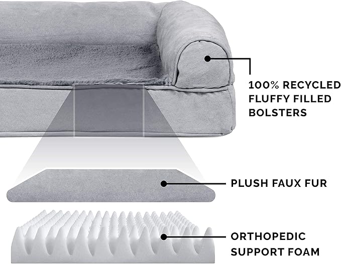 Furhaven Orthopedic Dog Bed for Large/Medium Dogs w/ Removable Bolsters & Washable Cover, For Dogs Up to 55 lbs - Plush & Suede Sofa - Gray, Large