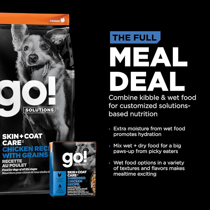 GO! SOLUTIONS Skin + Coat Care Wet Dog Food - Shredded Chicken Recipe with Grains - Complete & Balanced Nutrition for All Life Stages, 12.5 oz (Pack of 4)