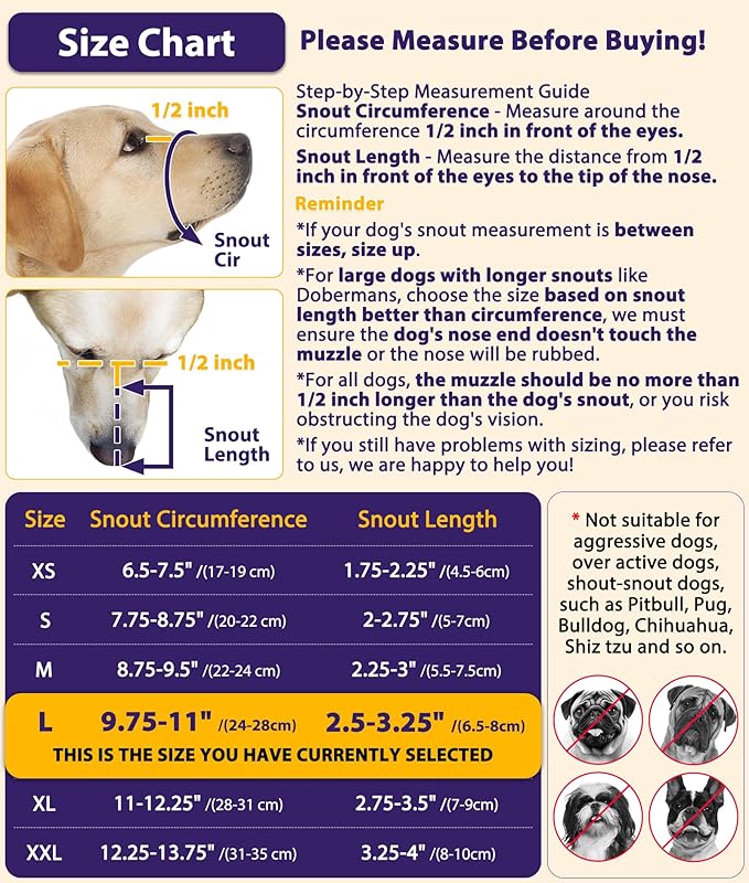 LUCKYPAW Dog Muzzle, Mesh Muzzle for Large Medium Small Dogs with Front Opening Design, Dog Mouth Cover to Prevent Biting, Licking, Chewing, Scavenging, Breathable Pet Muzzle Allows Drinking(Black,L)