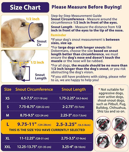 LUCKYPAW Dog Muzzle, Mesh Muzzle for Large Medium Small Dogs with Front Opening Design, Dog Mouth Cover to Prevent Biting, Licking, Chewing, Scavenging, Breathable Pet Muzzle Allows Drinking(Black,L)