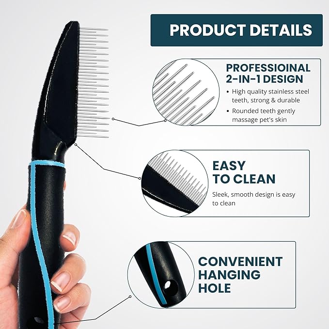 Detangling Pet Comb for Dogs & Cats - Soft On Skin with Stainless Steel Teeth for Removing Matted Fur, Knots & Tangles – Dog Grooming Comb for Long, Short & Curly Hairs