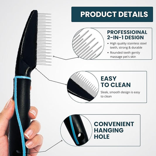 Detangling Pet Comb for Dogs & Cats - Soft On Skin with Stainless Steel Teeth for Removing Matted Fur, Knots & Tangles – Dog Grooming Comb for Long, Short & Curly Hairs