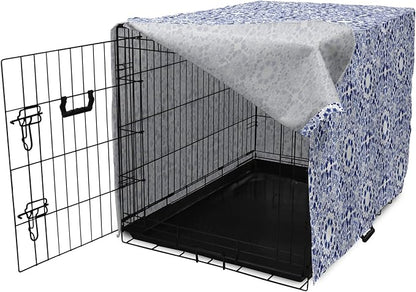 Lunarable Traditional Dog Crate Cover, Circular Flowers and Stripes Ethnic Gzhel Pattern Classic Motifs Art, Easy to Use Pet Kennel Cover for Medium Large Dogs, 48 Inch, Pale Blue