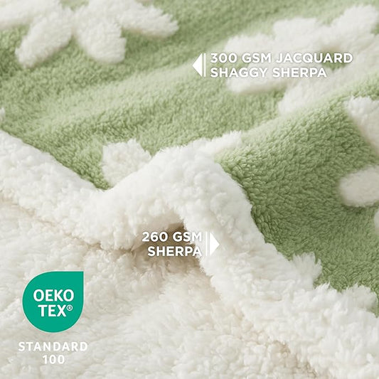 Lesure Waterproof Dog Blanket for Large Dogs - Washable Double Sided Dog Blankets with Warm Jacquard Shag and Soft Sherpa Fleece, Pet Cat Blanket for Queen Bed Protection, 3D Textured Flower, Green