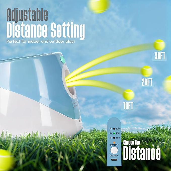 Automatic Dog Ball Launcher for Small Dogs – Dog Ball Thrower for Indoor Outdoor with 3 Adjustable Distance Settings 10ft, 20ft, and 30ft – Interactive Toy with 3 Mini Tennis Balls 2 Inch