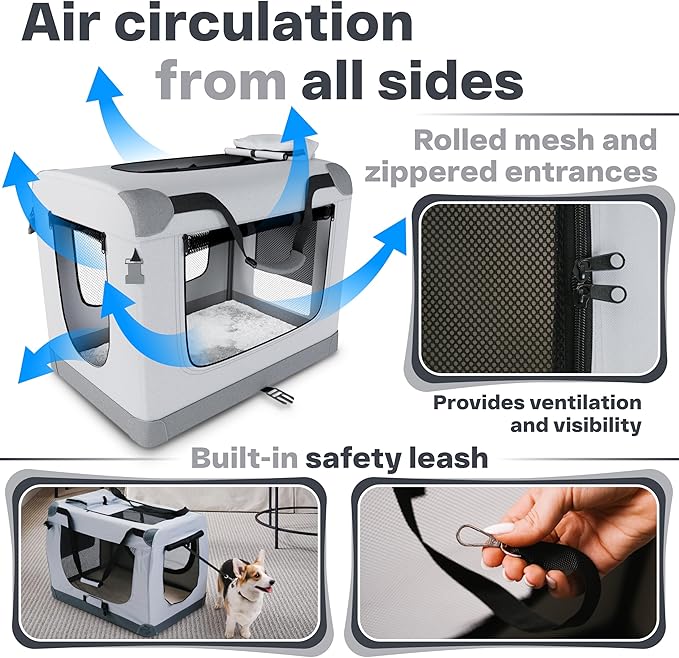 Folding Medium Dog Carrier (23,6"*16,5"*17,3") Pet Carrier, Soft Dog Crate with 3 Durable Tear-Resistant Mesh Window, Soft Pad and Bag for Supplies, Travel Crate Kennel for Pets (Gray)