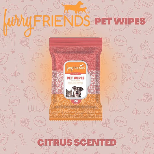 FurryFriends Pet Wipes | Citrus Scented | Hypo-allergenic | Alcohol Free| Deodorizing | Removes Loose Hair & Dirt | Incredibly Clean | 8 Pack