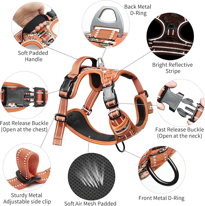 Timos Dog Harness for Large Dogs, No Pull Service Vest with Reflective Strips and Control Handle,No Choke Dog Harness with 2 Metal Rings for Easy Walking,Outdoor Training,Flower Orange, XL
