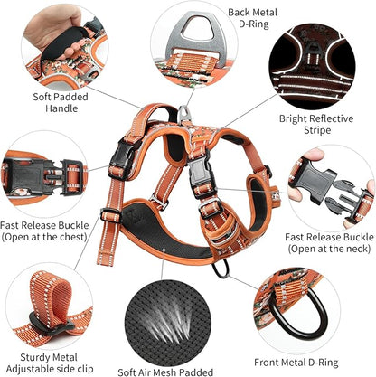 Timos Dog Harness for Medium Dogs, No Pull Service Vest with Reflective Strips and Control Handle,No Choke Dog Harness with 2 Metal Rings for Easy Walking,Outdoor Training,Flower Orange, M