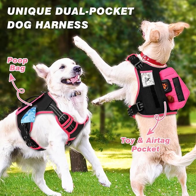 WINGOIN Tactical Dog Harness for Small Dogs, No Pull Harness with Handle Pockets Poop Bag, Reflective Dog Vest, Military Heavy Duty Big Dog Harness for Walking Hiking Training (Black Pink, S)