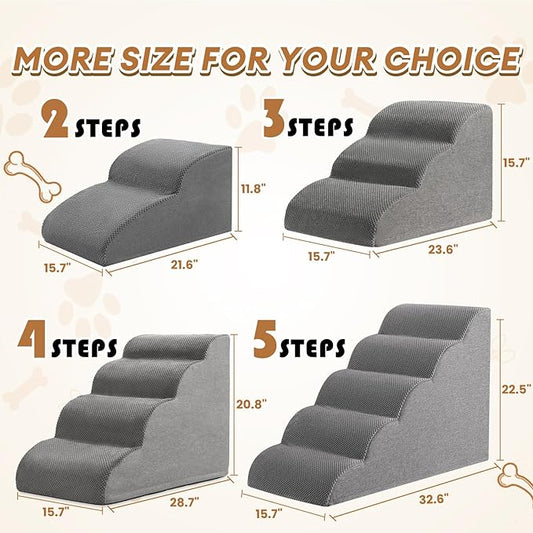 Dog Stairs, Romrol Dog Steps Ramp for High Bed and Couch, Dog Ramp with Durable Non-Slip Waterproof Fabric Cover, Pet Stairs for Small Dogs and Cats or Pets Joints, 4-Tiers,Grey