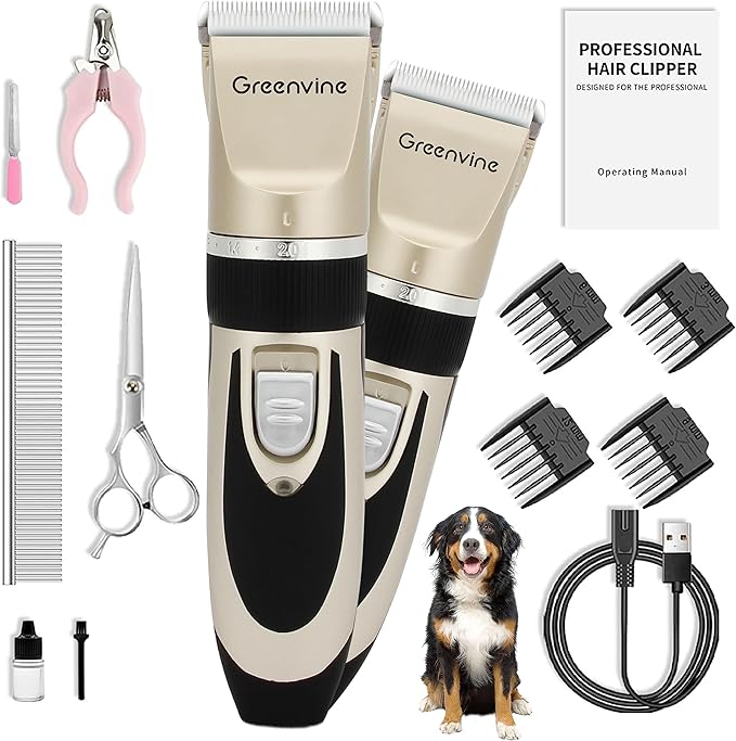 Dog Shaver Clippers, Professional Pet Hair Trimmer, Rechargeable, Low Noise, Includes Comb Guides, Scissors, Nail Kit, Suitable for Dogs, Cats & Other Pets