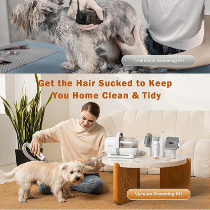 Afloia Dog Grooming Kit, Pet Grooming Vacuum & Dog Clippers Nail Trimmer Grinder & Dogs Brush for Shedding with 6 Pets Grooming Tools, Low Noise Dogs Hair Remover Pets Supplies (White)