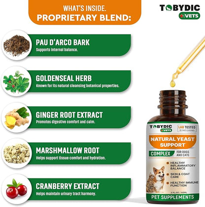 Natural Cats & Dog Yeast Infection Relief - Itchy Skin & Ear Treatment - Reduces Irritation & Relieves Itching and Allergy - Herbal Medicine Drops Supplement - Made in USA